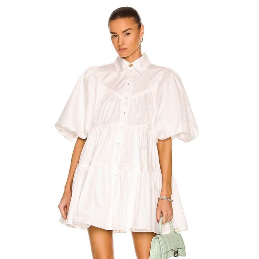 Aje White Collared Dress With Puff Sleeves